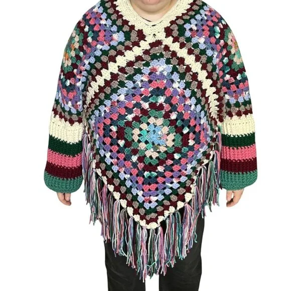 Crochet Poncho with Sleeves Granny Square Design Pattern Colorful Handmade New